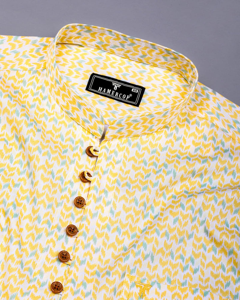 Yellow Rumble With Green Printed Cotton Shirt Style Kurta