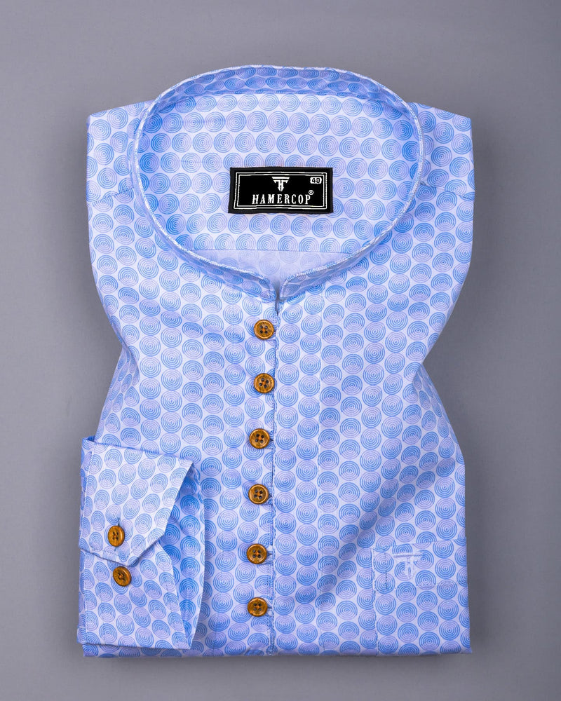 Loop Blue With White Printed Cotton Shirt Style Kurta