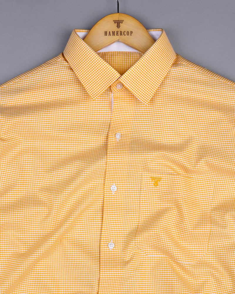 Lucifer Yellow With White Small Check Oxford Cotton Designer Shirt