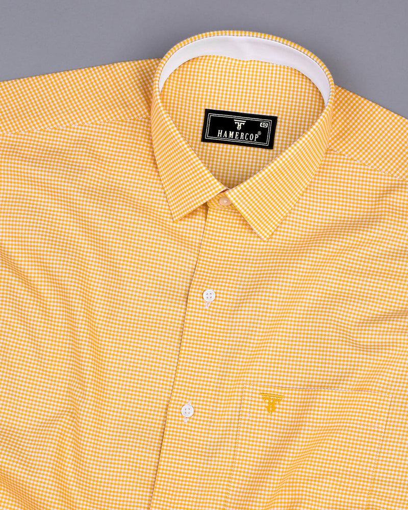 Lucifer Yellow With White Small Check Oxford Cotton Designer Shirt