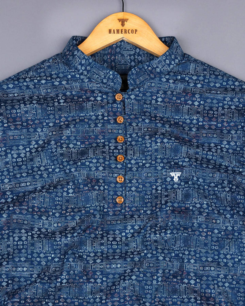 Cuban Blue Printed Amsler Cotton Shirt Style Kurta