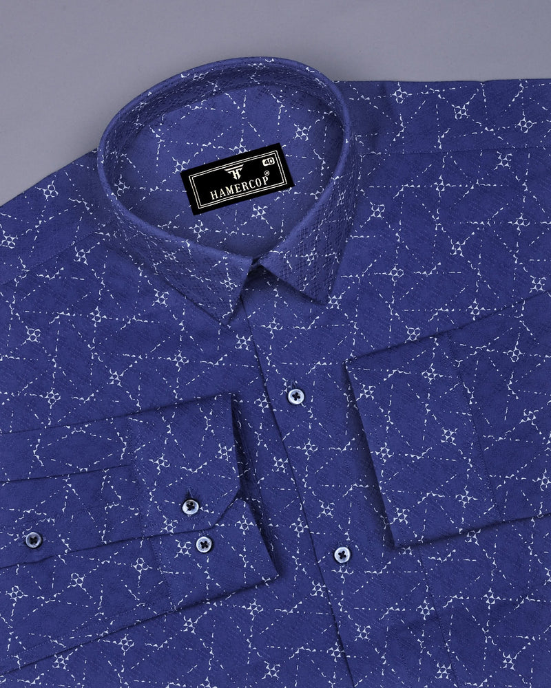 Rodez Ink Blue With White Printed Dobby Cotton Shirt