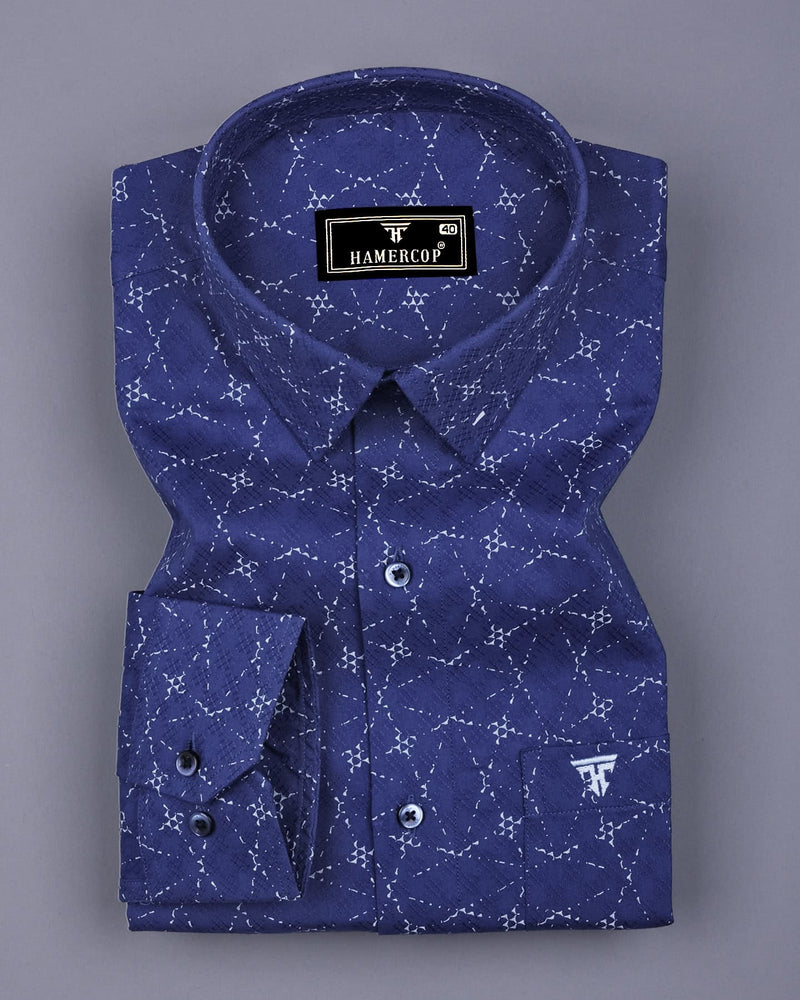 Rodez Ink Blue With White Printed Dobby Cotton Shirt