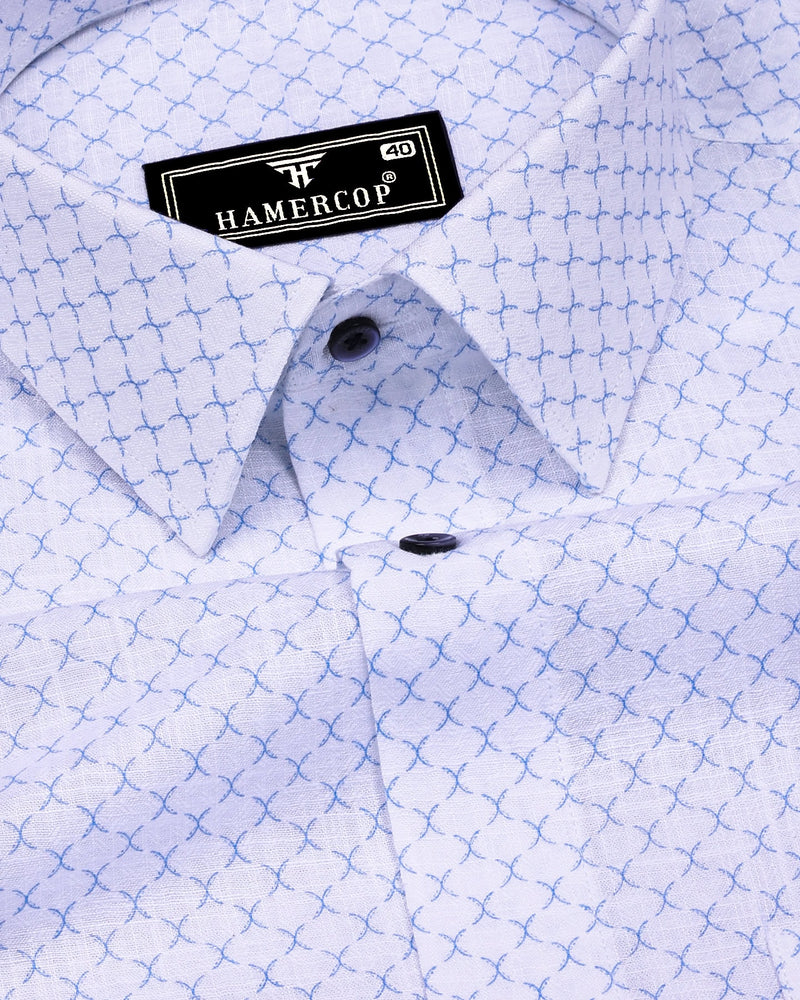 Poissy Blue With White Printed Amsler Linen Cotton Shirt