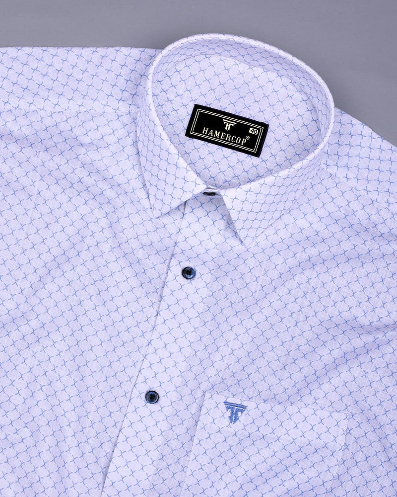 Poissy Blue With White Printed Amsler Linen Cotton Shirt