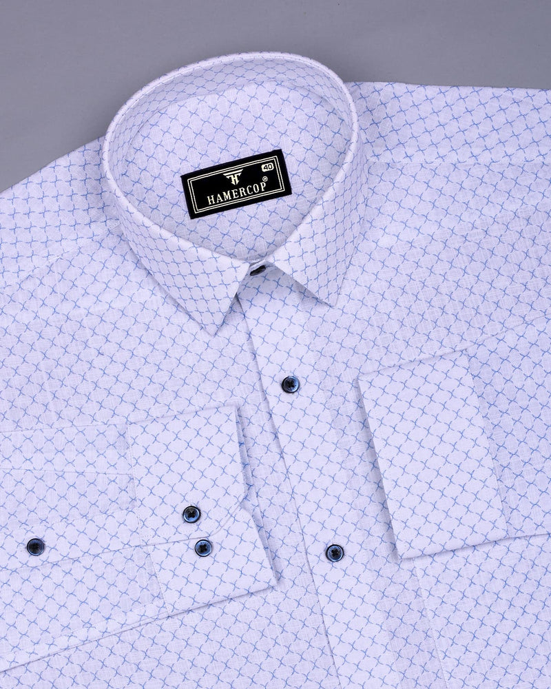 Poissy Blue With White Printed Amsler Linen Cotton Shirt