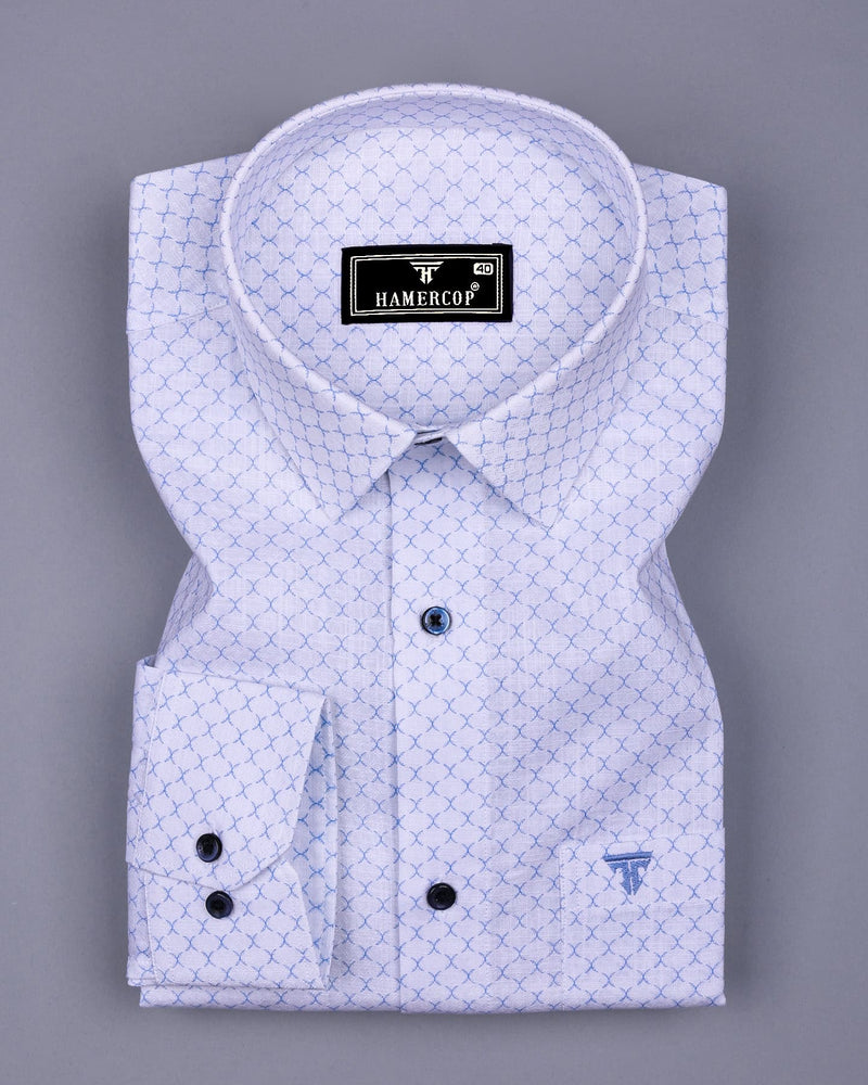 Poissy Blue With White Printed Amsler Linen Cotton Shirt