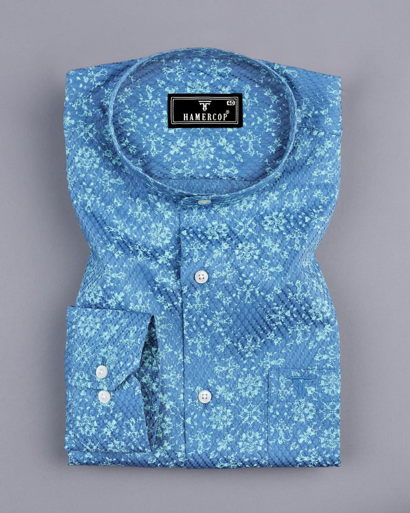 Lyon Blue With Green Printed Dobby Cotton Shirt