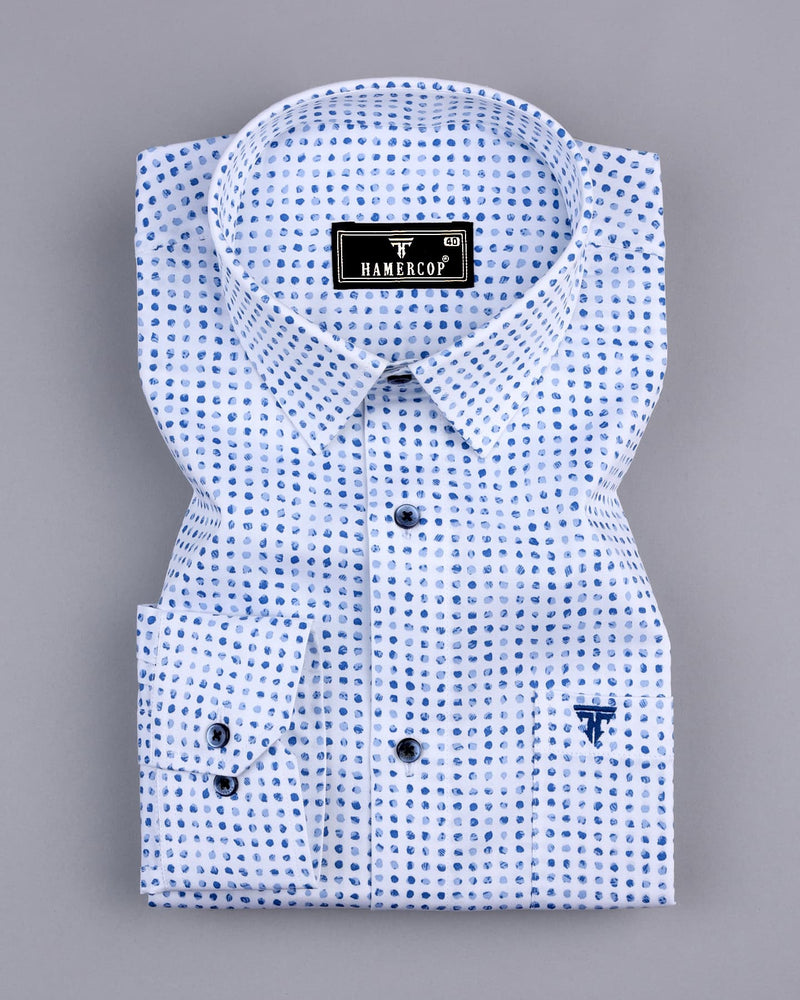 Pomos White With Blue Stone Printed Cotton Shirt