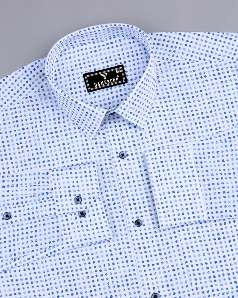 Pomos White With Blue Stone Printed Cotton Shirt