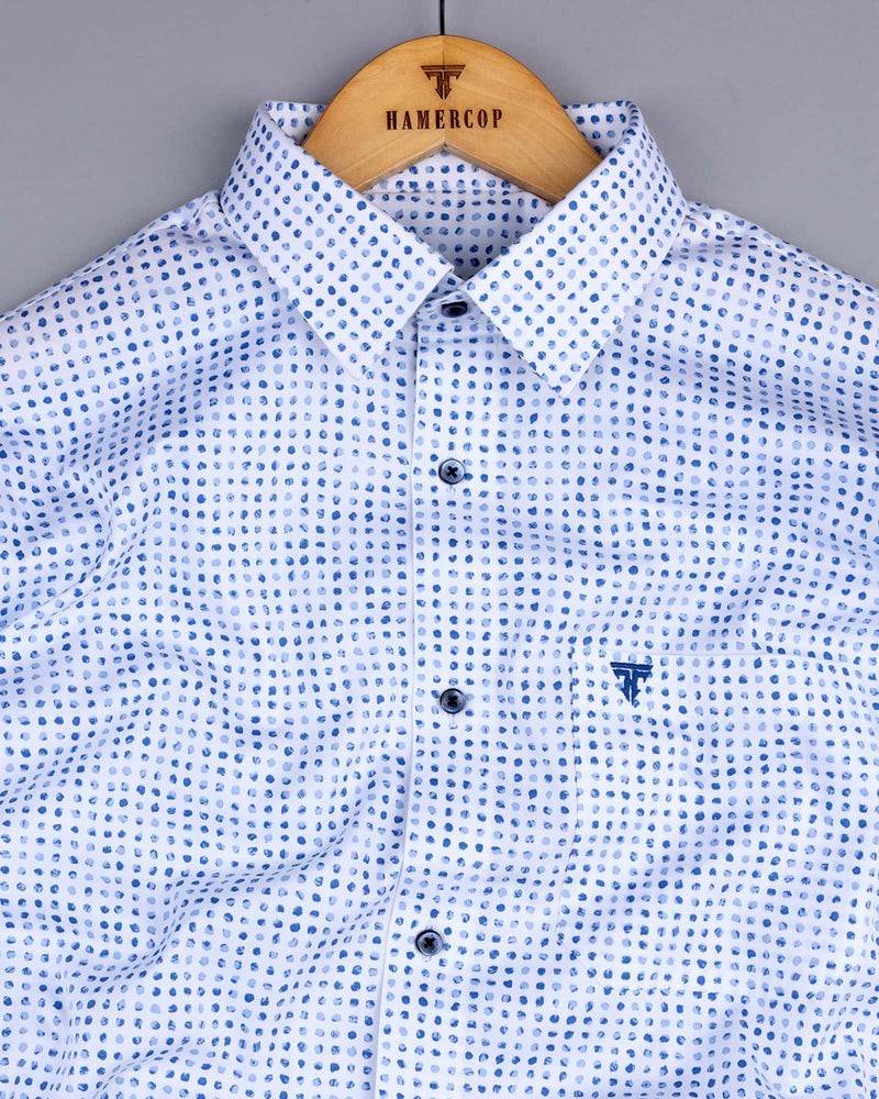 Pomos White With Blue Stone Printed Cotton Shirt