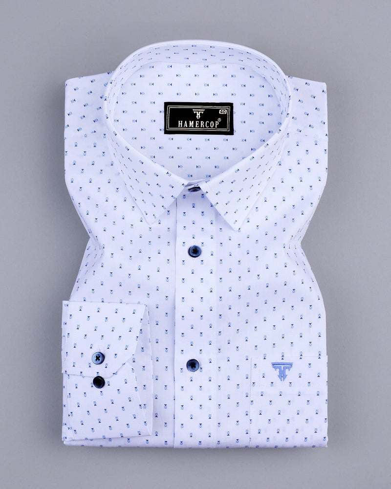 Hemlock White With Blue Poplin Printed Cotton Shirt