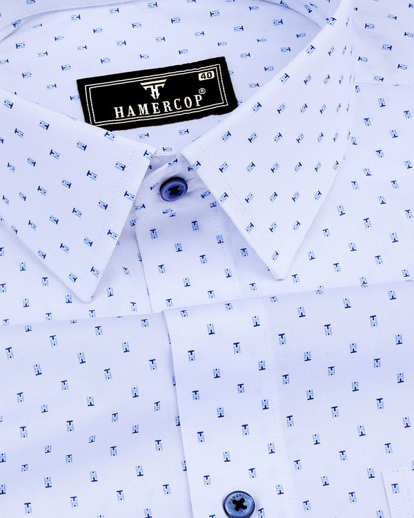 Hemlock White With Blue Poplin Printed Cotton Shirt