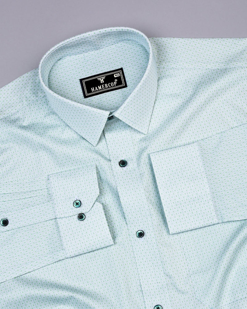 Neston Green With White Quatrefoil Pattern Cotton Shirt