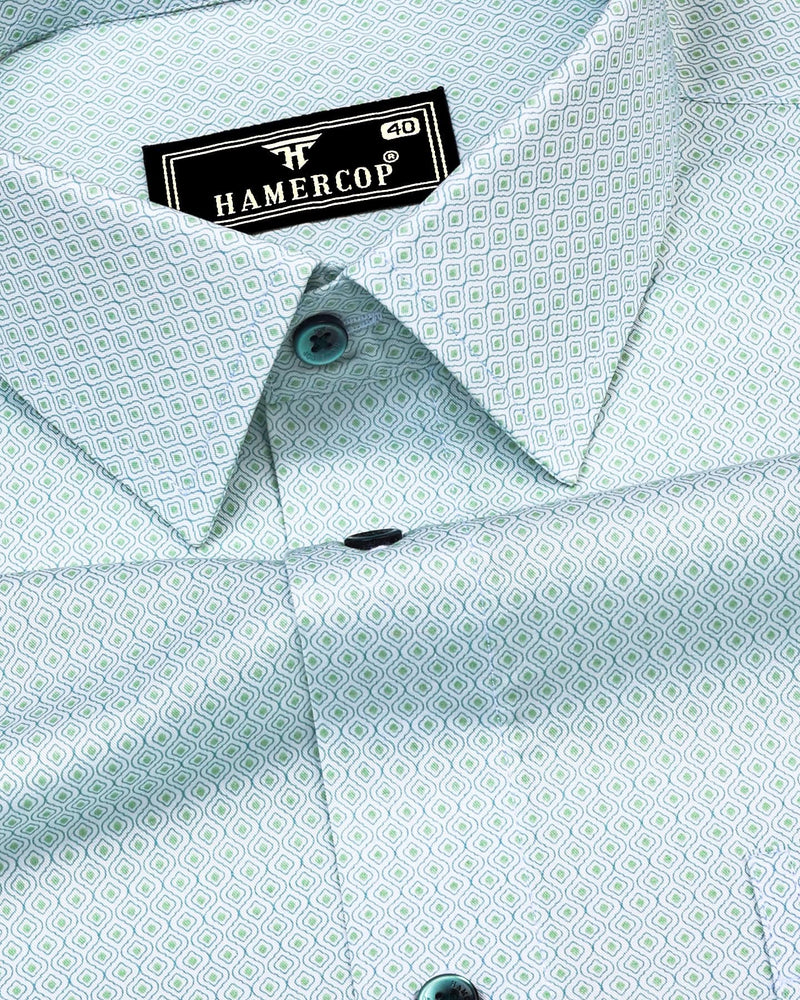 Neston Green With White Quatrefoil Pattern Cotton Shirt