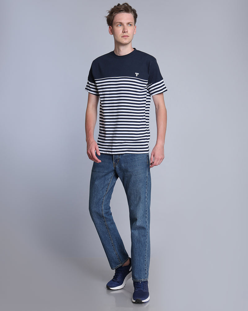 Twilight NavyBlue With White Stripe Premium Cotton Designer T-shirt