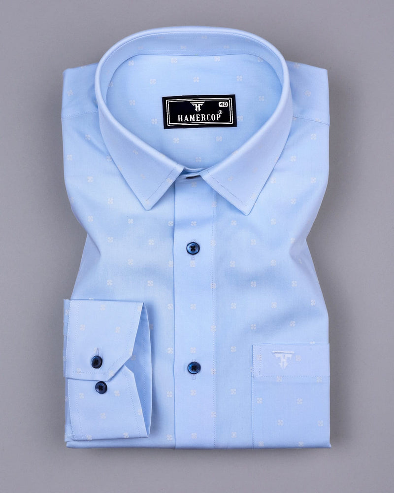 Seaford Blue With White Poplin Printed Cotton Shirt