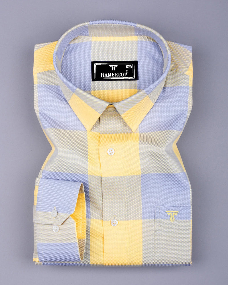 Yellow With Gray Broad Check Dobby Cotton Shirt