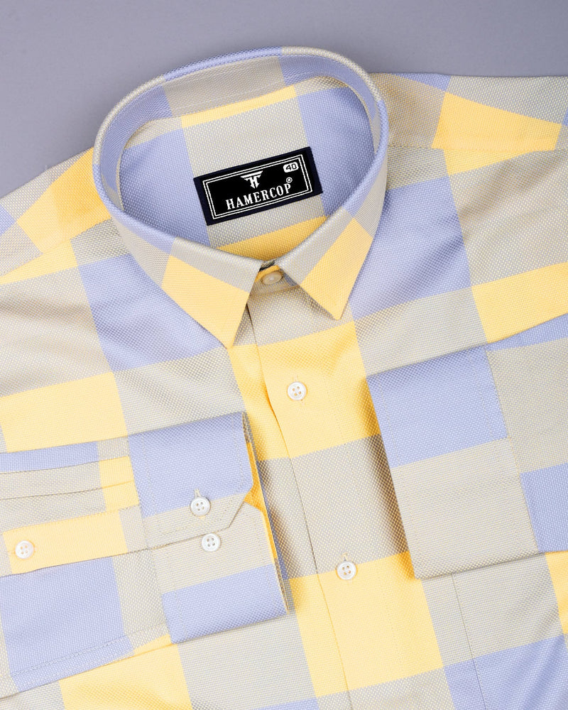 Yellow With Gray Broad Check Dobby Cotton Shirt