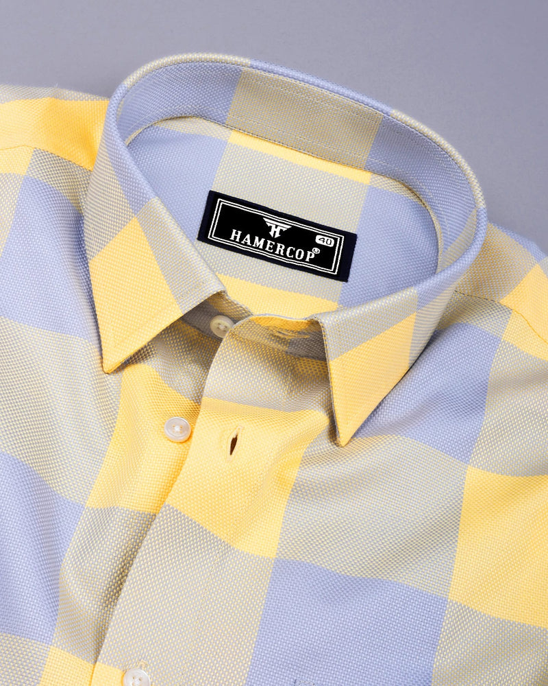 Yellow With Gray Broad Check Dobby Cotton Shirt