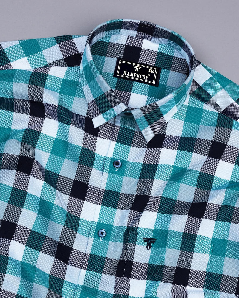 Ocean Blue Multicolor Sudoku Check Dobby Cotton Shirt