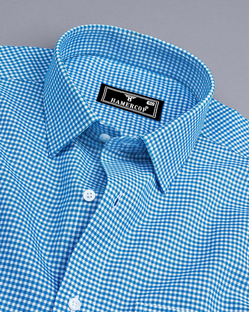 Lolo Water Blue With White Small Check Oxford Cotton Shirt