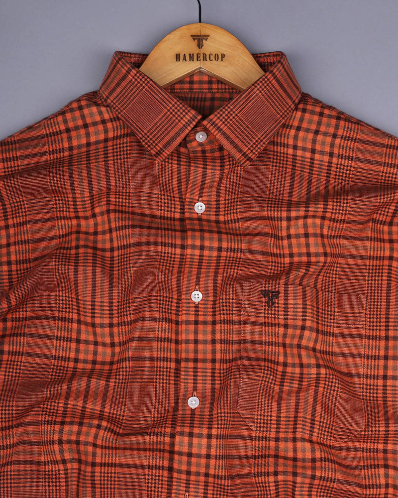 Tangerine Orange Twill Check Plaid Flannel Cotton Shirt