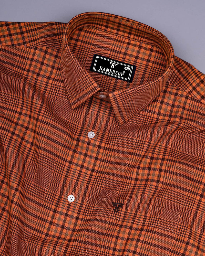 Tangerine Orange Twill Check Plaid Flannel Cotton Shirt