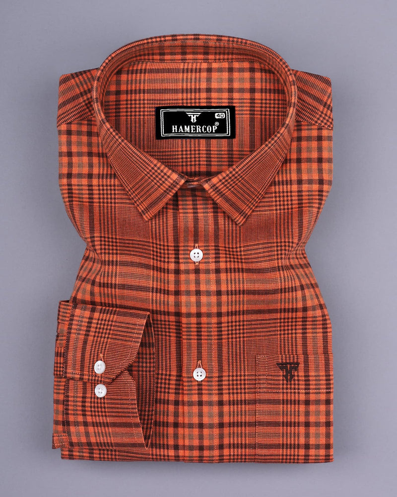 Tangerine Orange Twill Check Plaid Flannel Cotton Shirt