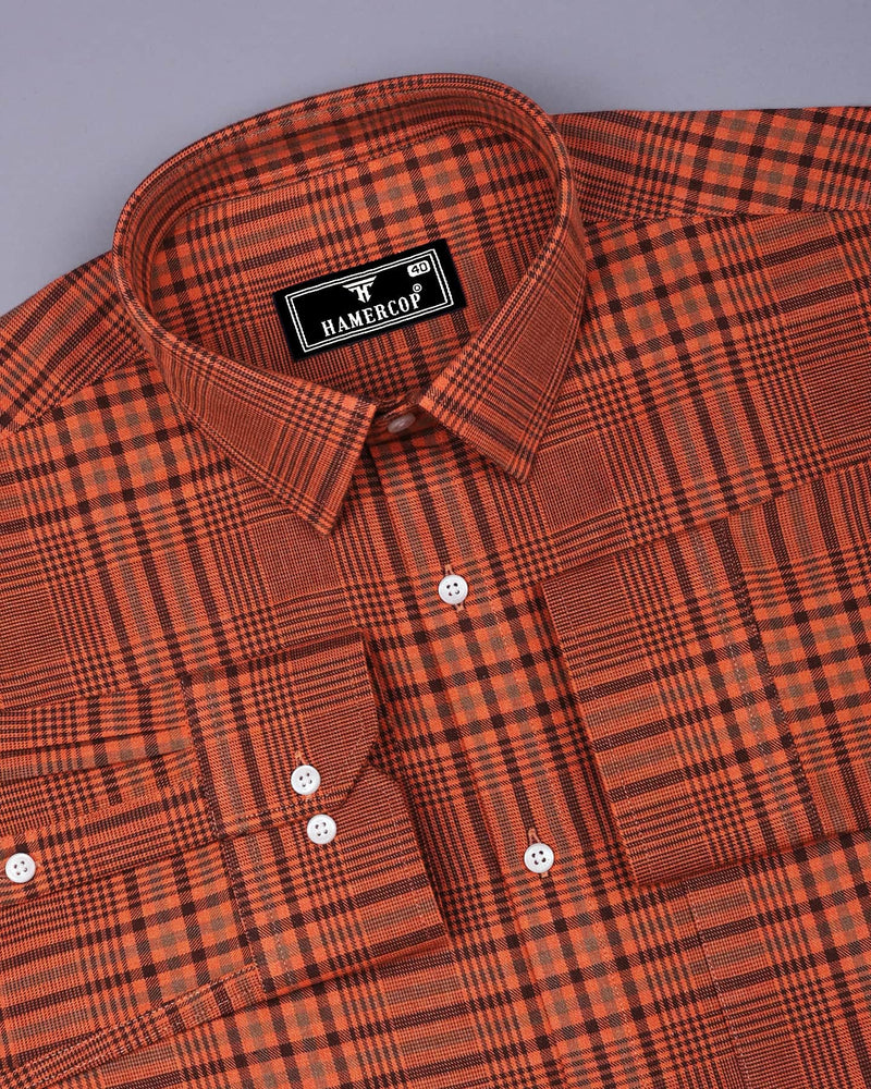 Tangerine Orange Twill Check Plaid Flannel Cotton Shirt