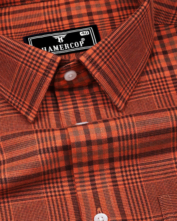 Tangerine Orange Twill Check Plaid Flannel Cotton Shirt