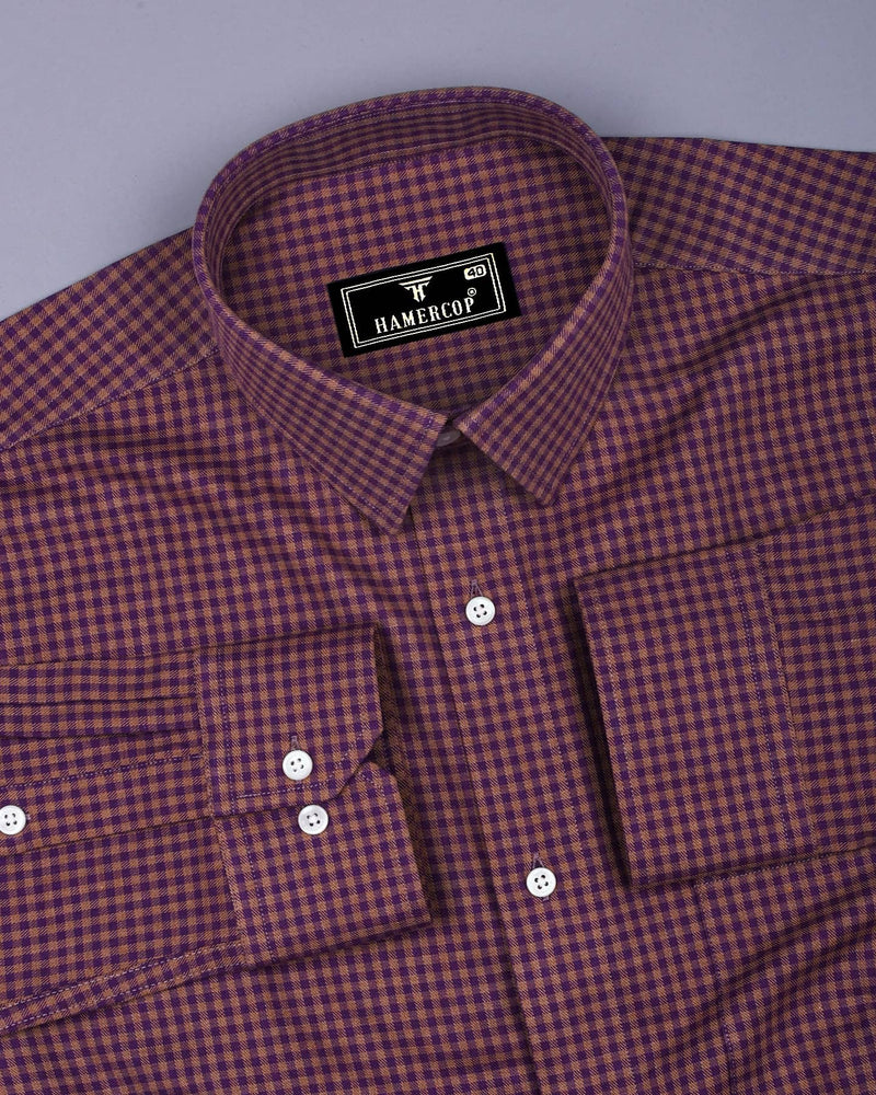 Purple With Mustard Plaid Flannel Twill Check Cotton Shirt