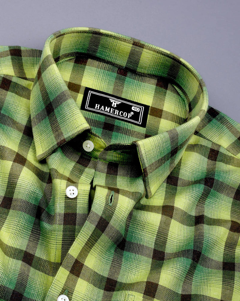 Bresso Green Plaid Flannel Twill Check Cotton Shirt