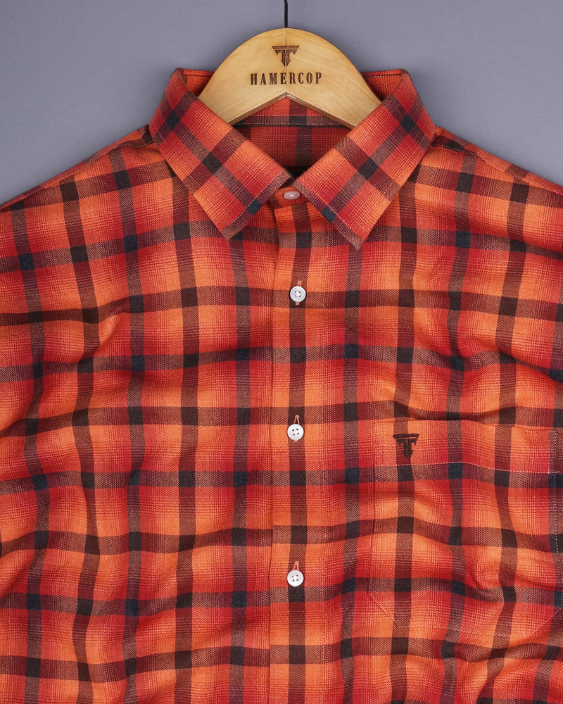 Bresso Orange Plaid Flannel Twill Check Cotton Shirt