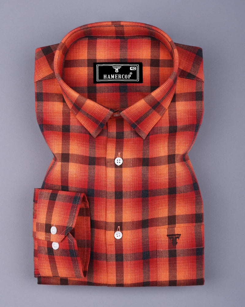 Bresso Orange Plaid Flannel Twill Check Cotton Shirt