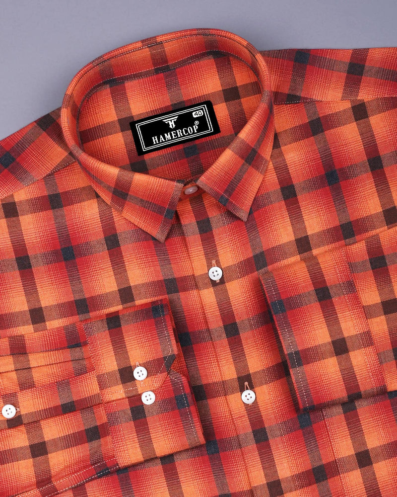 Bresso Orange Plaid Flannel Twill Check Cotton Shirt