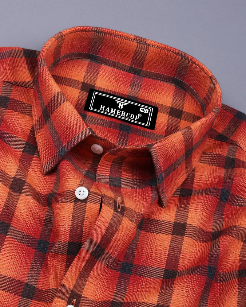 Bresso Orange Plaid Flannel Twill Check Cotton Shirt