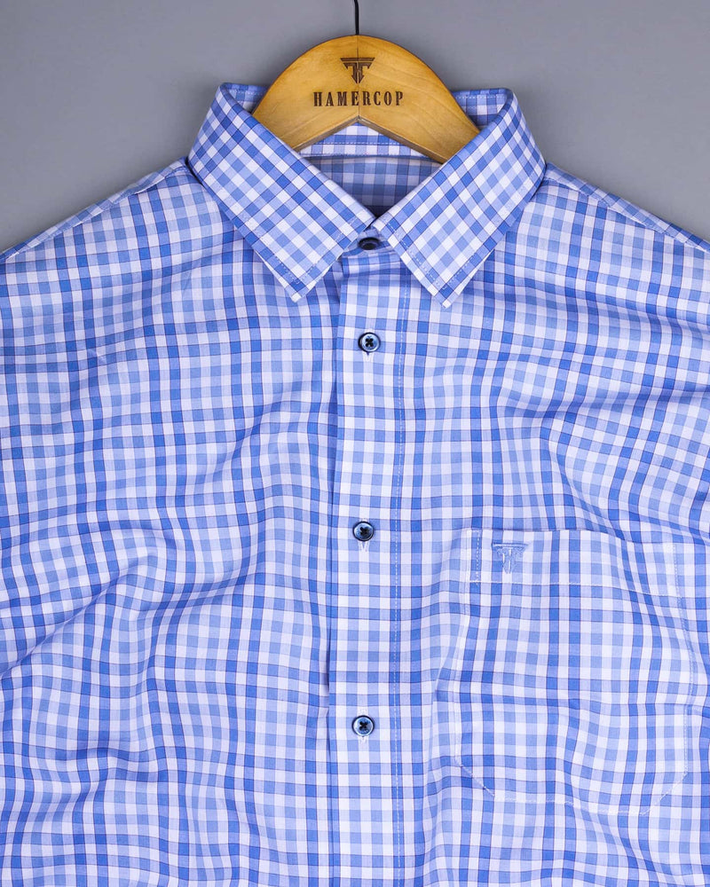 Magnesia Blue With White Check Formal Cotton Shirt