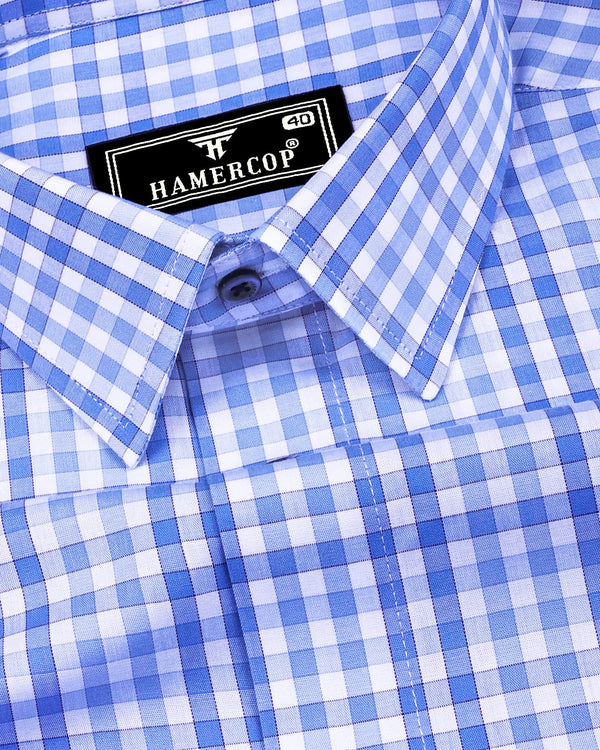 Magnesia Blue With White Check Formal Cotton Shirt