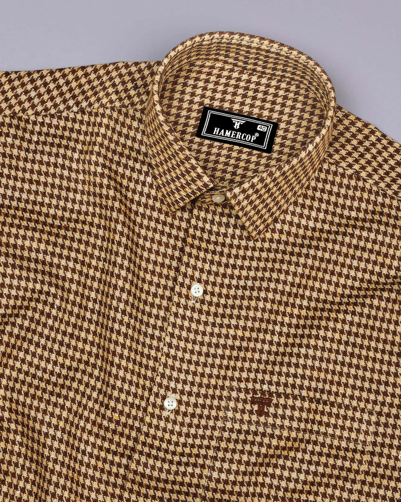 Ginger Brown With Cream Houndstooth Heavy Linen Shirt