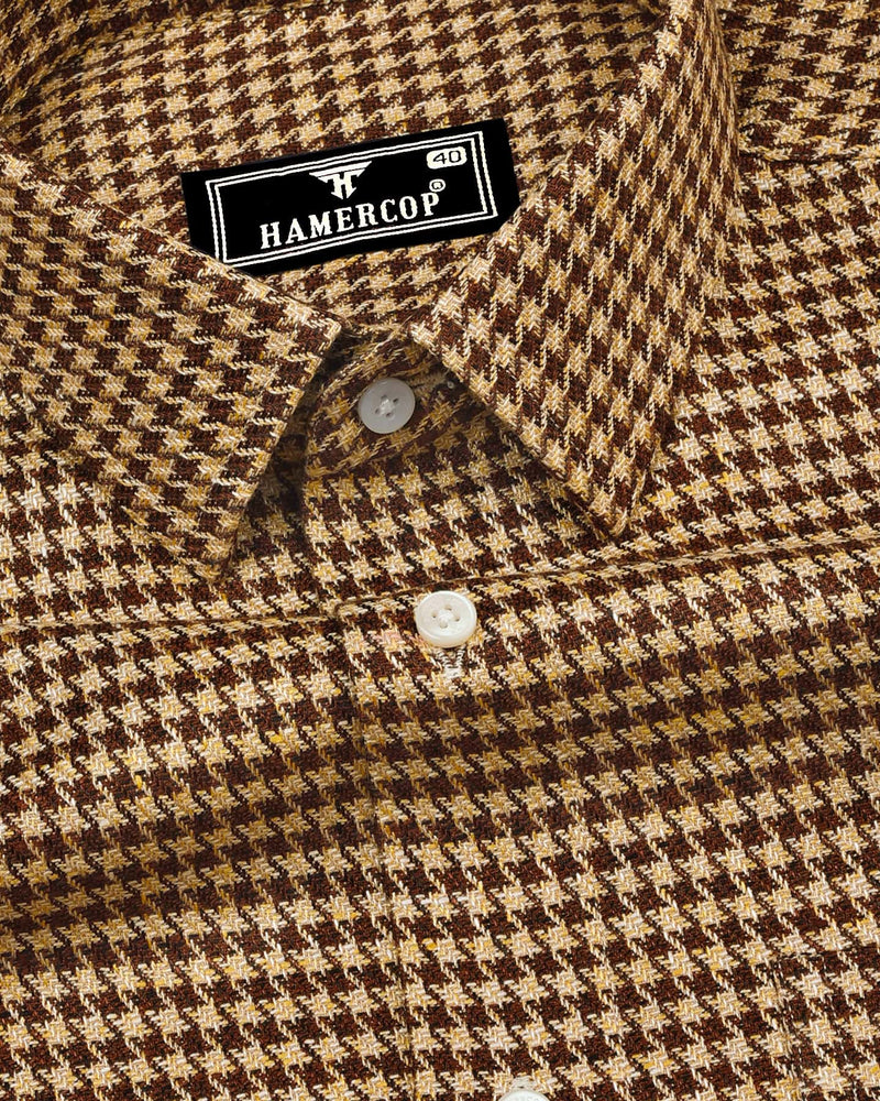 Ginger Brown With Cream Houndstooth Heavy Linen Shirt