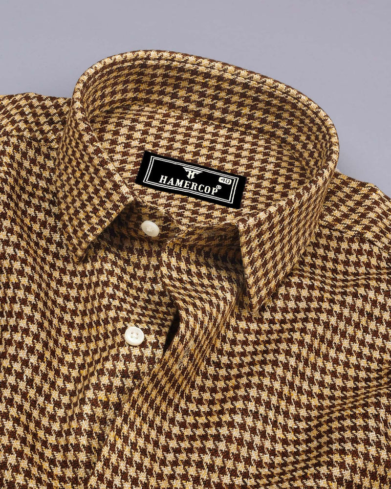 Ginger Brown With Cream Houndstooth Heavy Linen Shirt