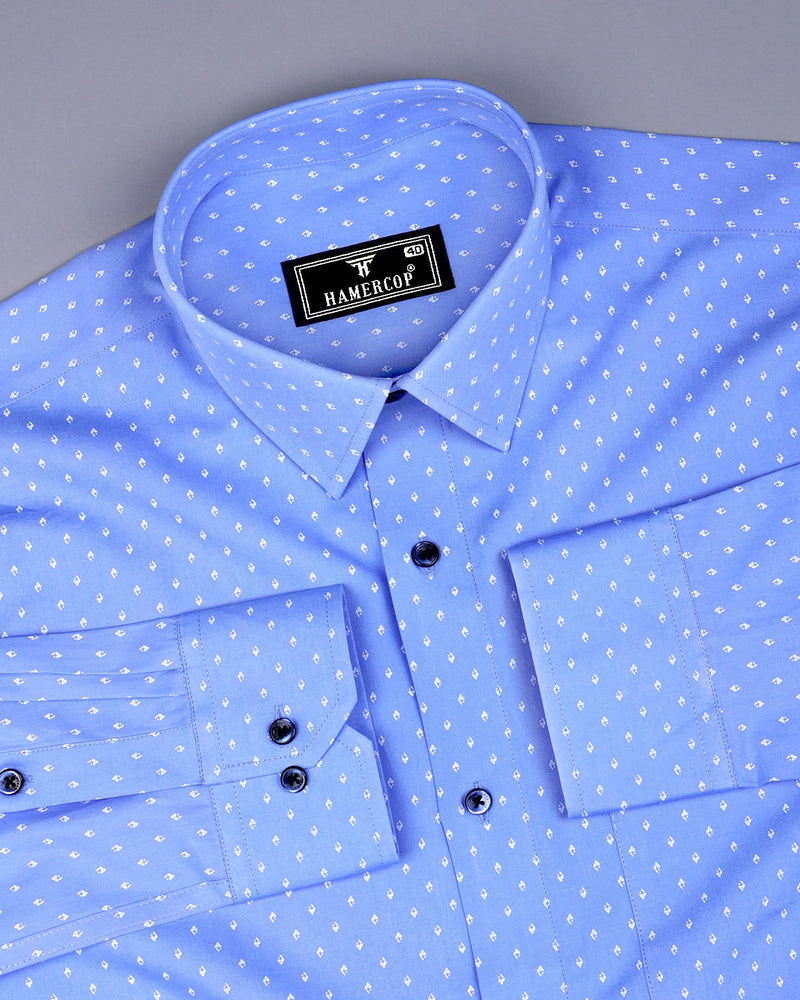 Cosy Blue With White Printed Formal Cotton Shirt