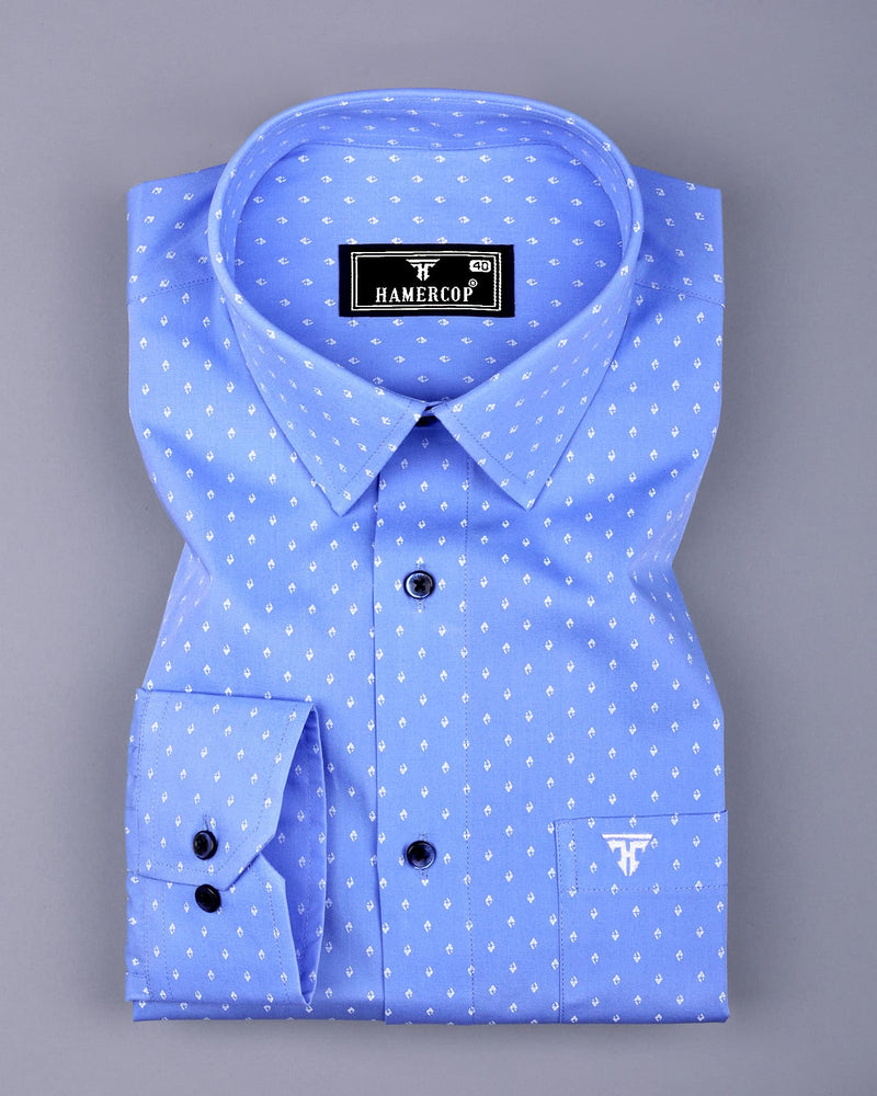 Cosy Blue With White Printed Formal Cotton Shirt