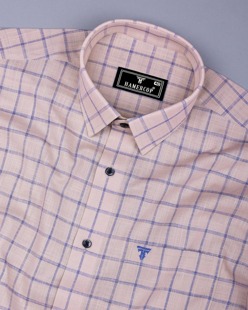 Tipton Cream With Blue Check Linen Cotton Shirt