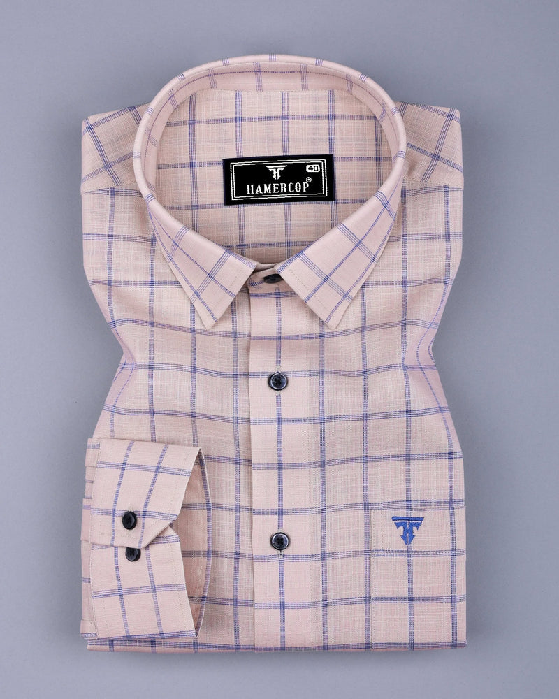 Tipton Cream With Blue Check Linen Cotton Shirt