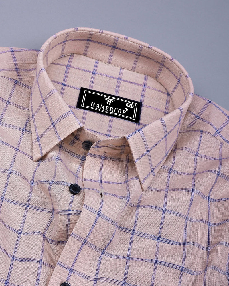 Tipton Cream With Blue Check Linen Cotton Shirt