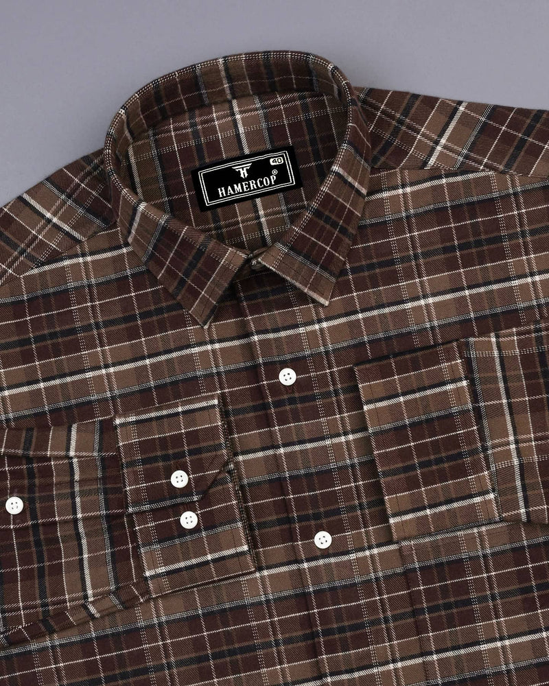 Sidon Brown Plaid Flannel Twill Check Cotton Shirt