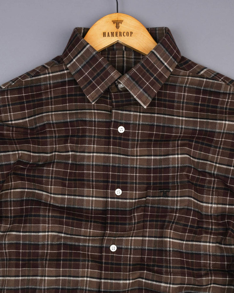 Sidon Brown Plaid Flannel Twill Check Cotton Shirt