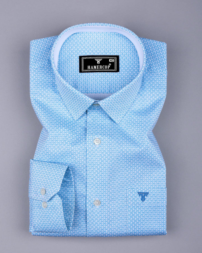 Selfoss Blue With White Printed Designer Cotton Shirt